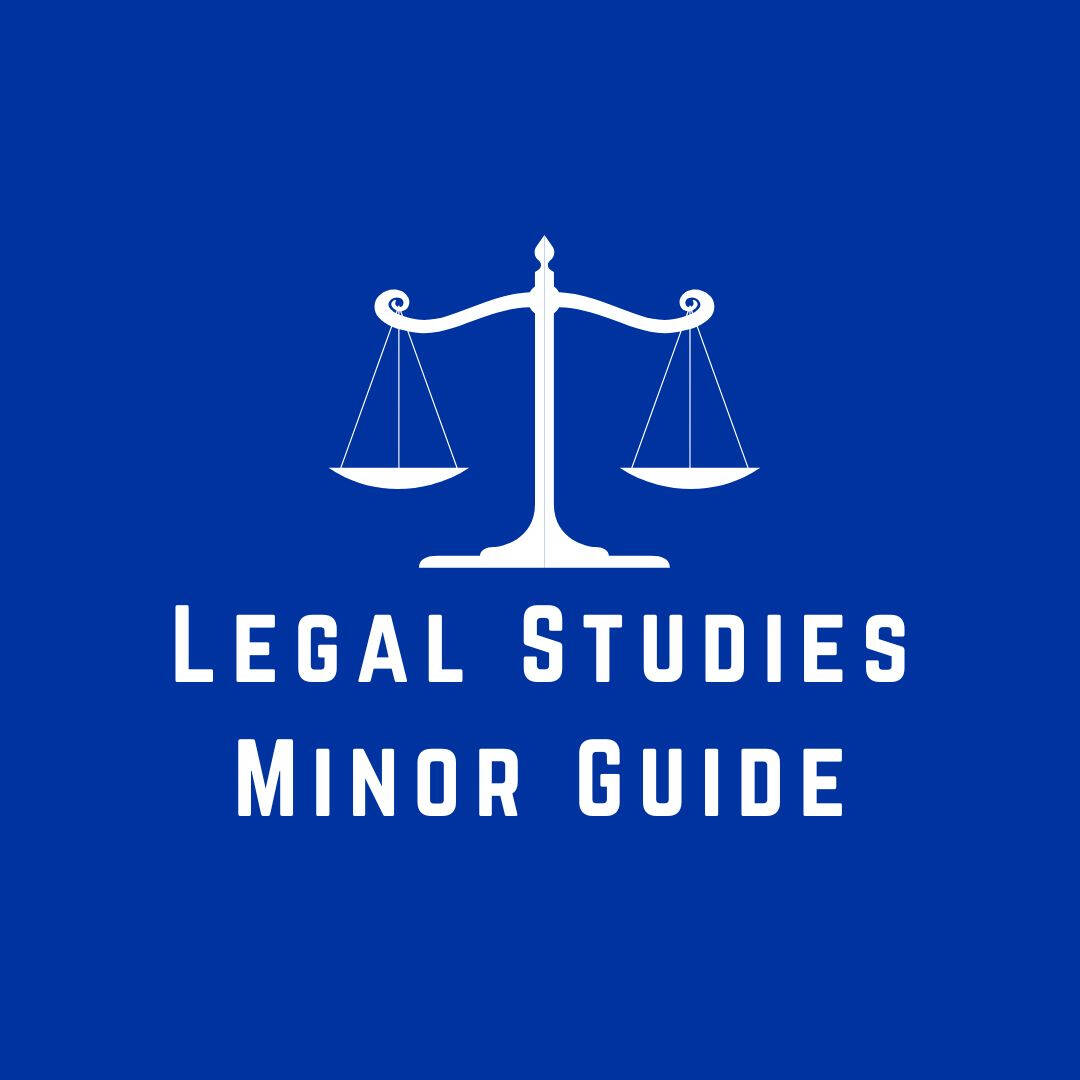 blue logo for legal studies major, image is a drawing of scales of justice above text that reads "legal studies minor guide"